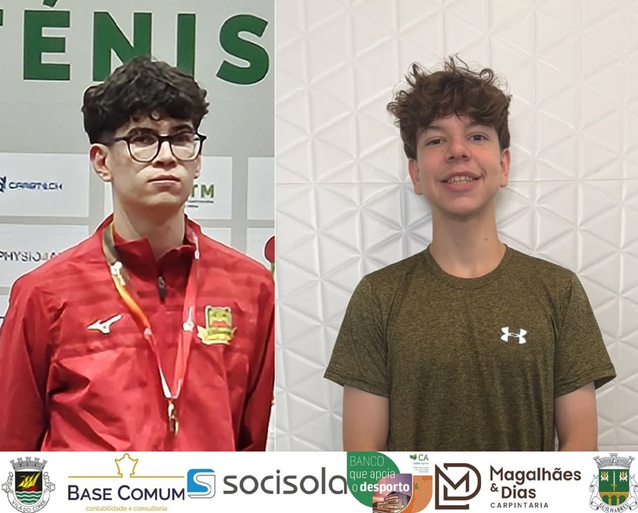 Fotografia lado a lado de dois atletas, um com fato vermelho e medalha ao pescoço e outro com t-shirt verde; faixa de patrocinadores na base.